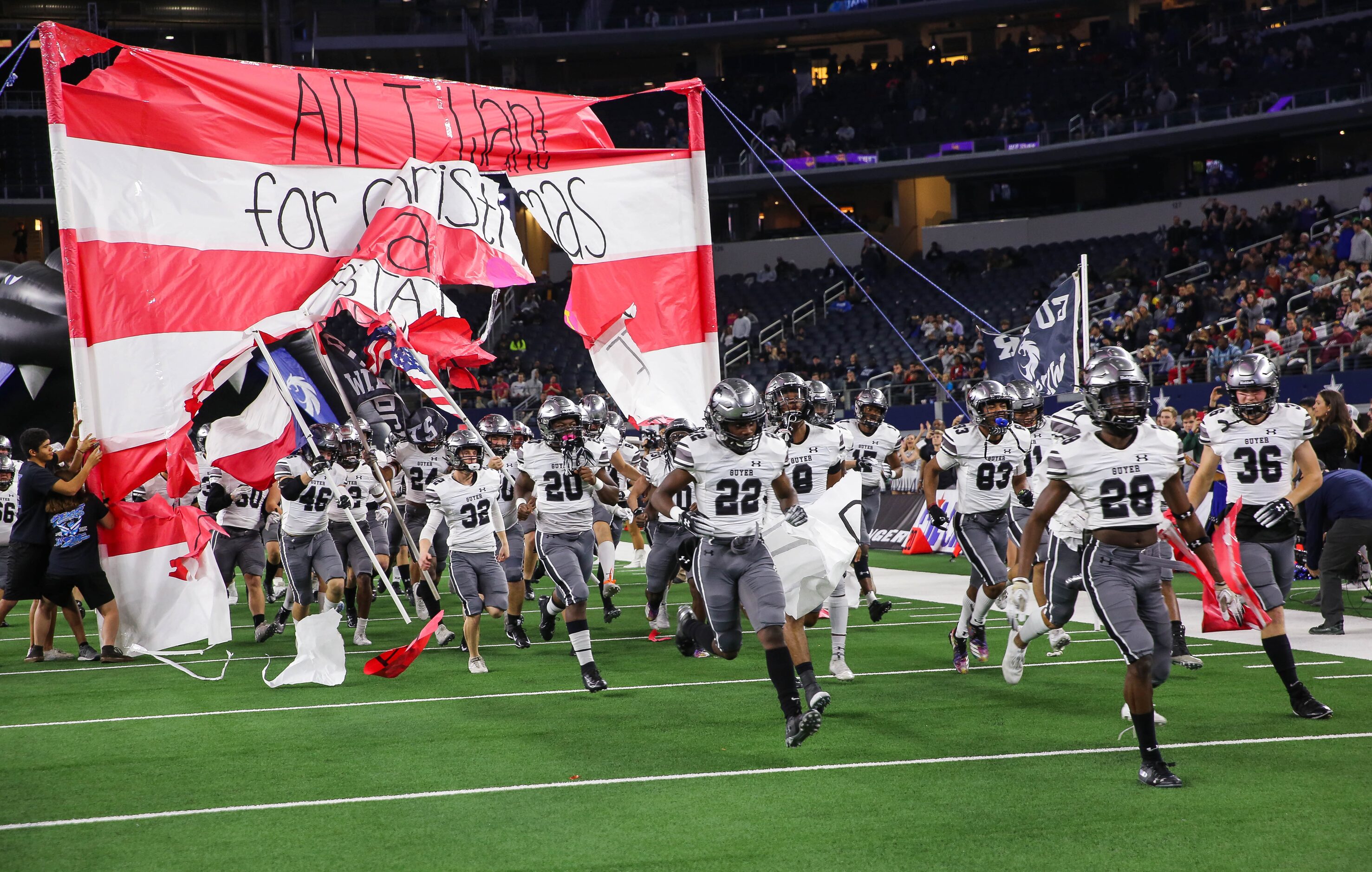 Denton Guyer runs out before a Class 6A Division II state championship game against Austin...