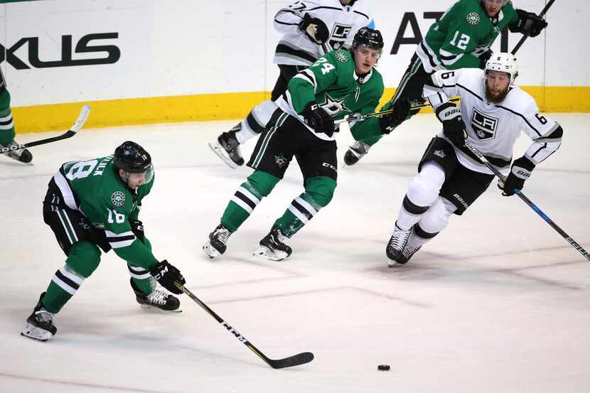 Dallas Stars center Tyler Pitlick (18) moves the puck against Los Angeles Kings defenseman...