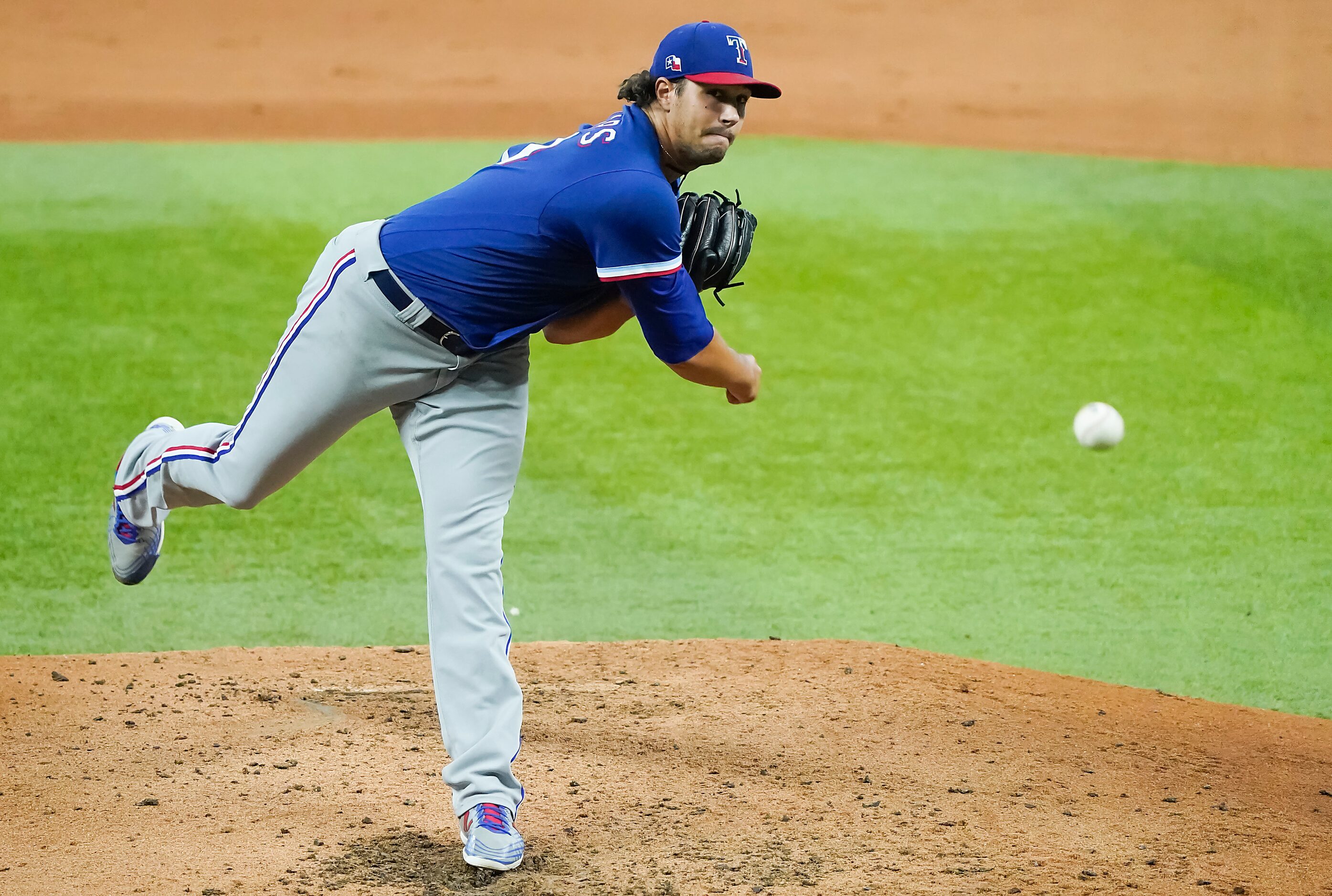 Texas Rangers pitcher Tyler Phillips delivers during a game between players at the team’s...