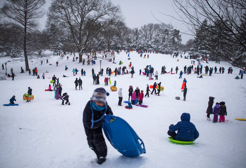 Sledders gather on Cedar Hill at Central Park in New York, Feb. 9, 2017. (Joshua Bright/The...