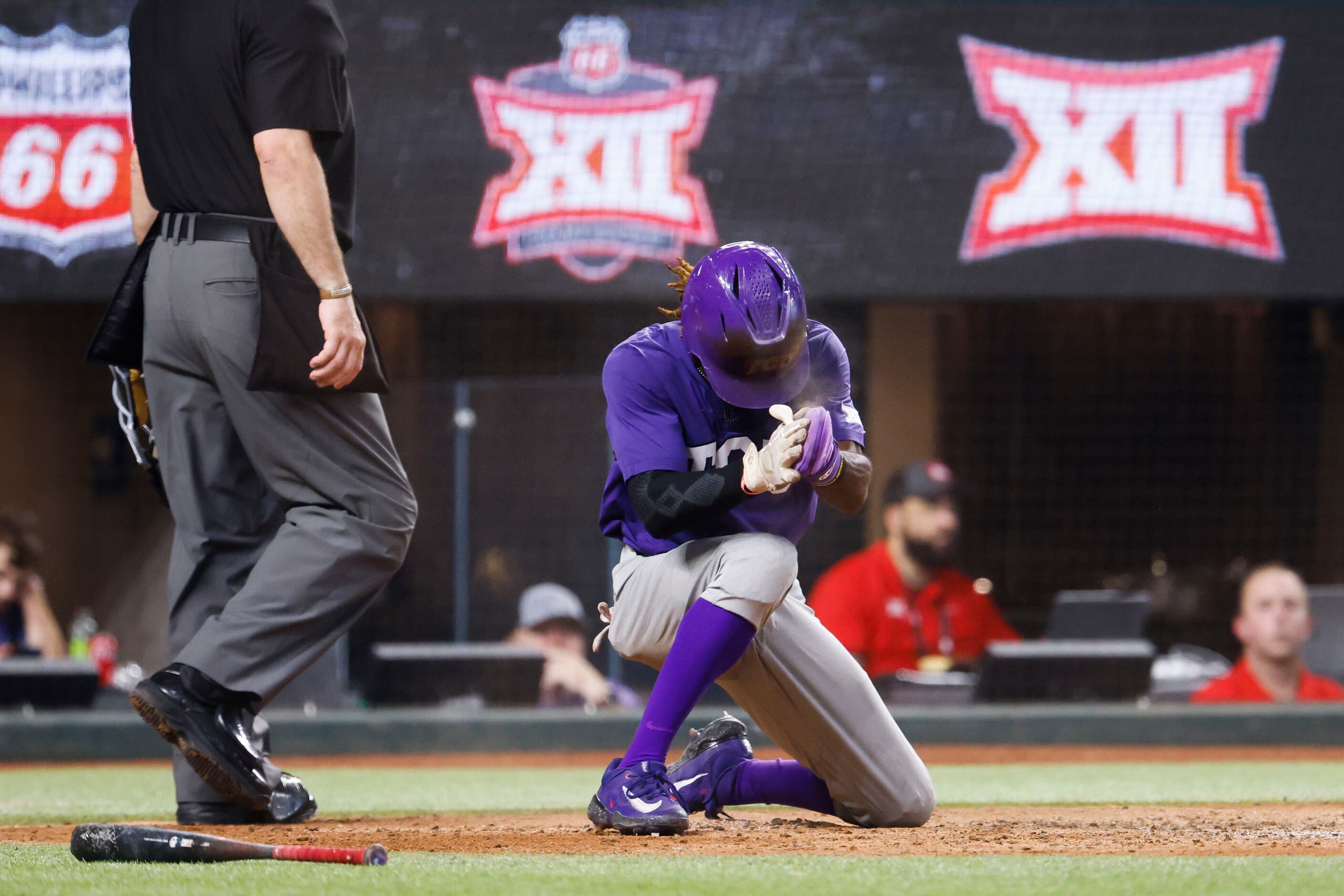 TCU infielder Tre Richardson reacts afters he doubles two runs during the third inning of...