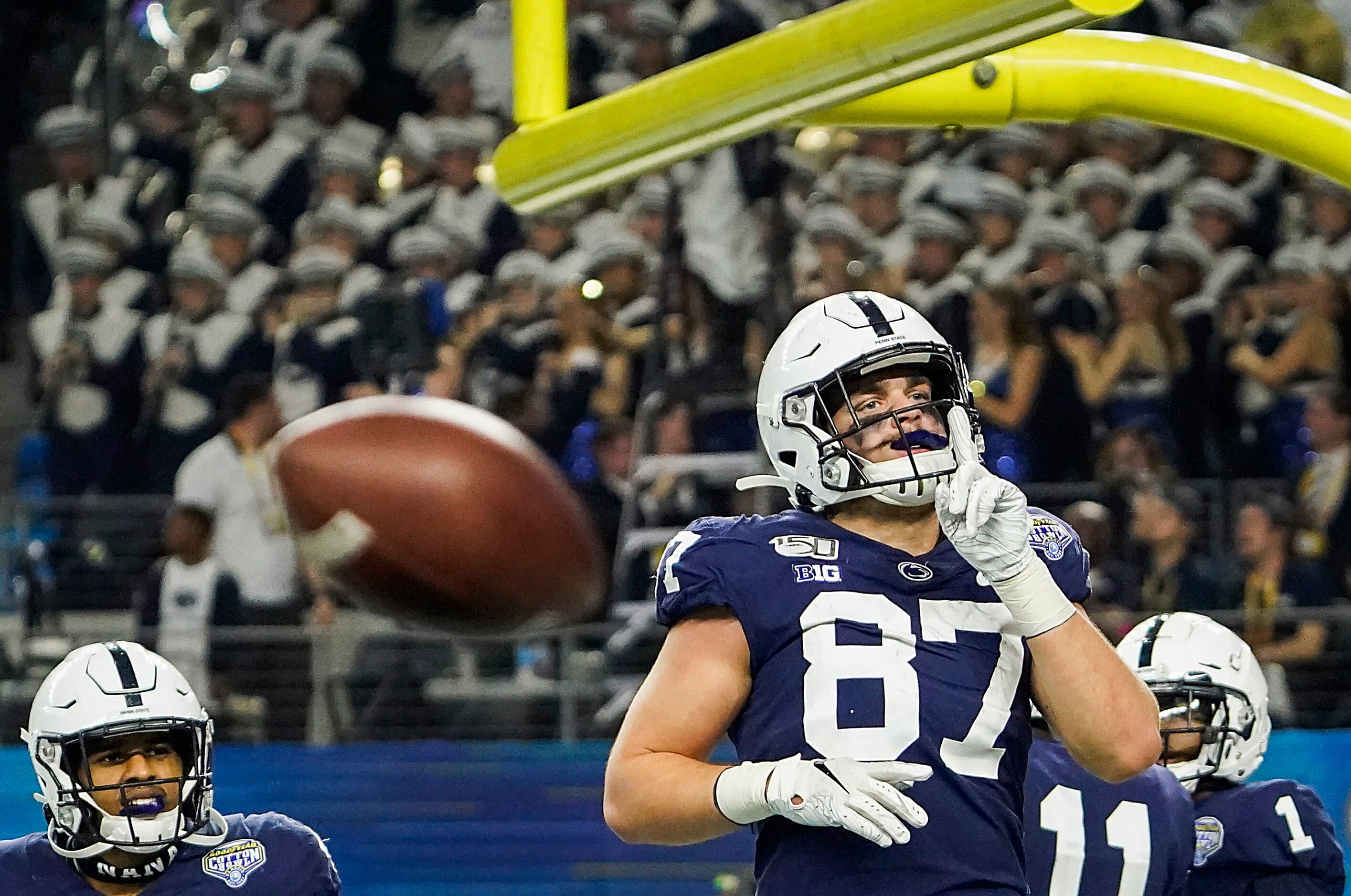 Penn State tight end Pat Freiermuth (87) motions to the Memphis fans after catching a pass...