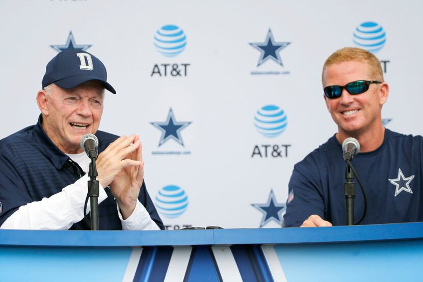 Dallas Cowboys owner and general manager Jerry Jones answers questions as Dallas Cowboys...