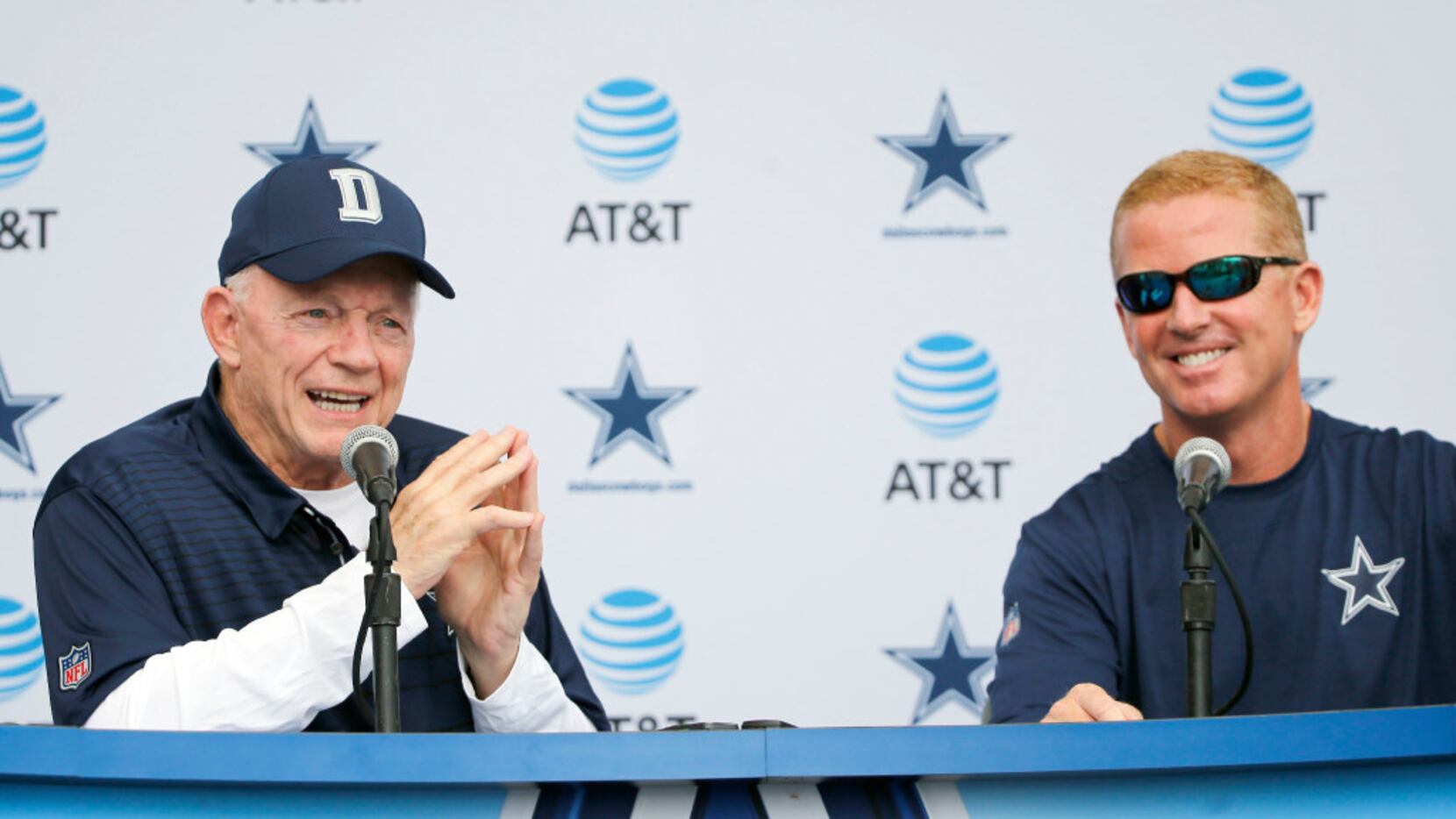 Dallas Cowboys owner and general manager Jerry Jones answers questions as Dallas Cowboys...