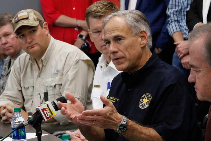 Texas Gov. Greg Abbott talks to local officials about his newly created commission to help...