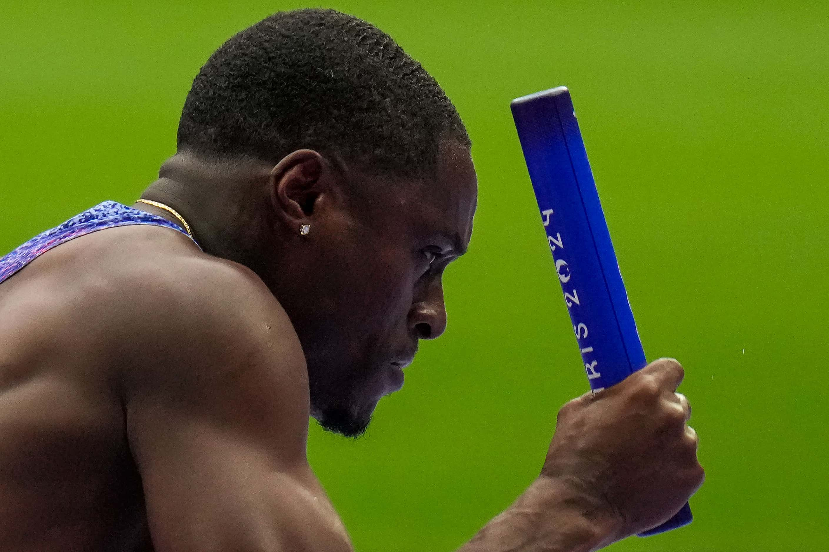 Christian Coleman of the United States runs the first leg in the final of the men’s...