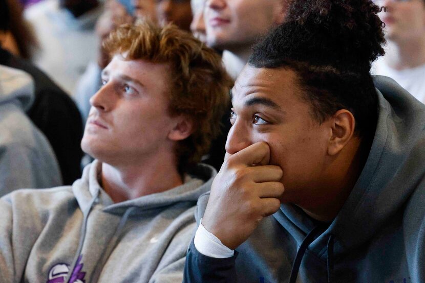 Texas Christian University quarterback Max Duggan (left) offensive lineman Brandon Coleman...