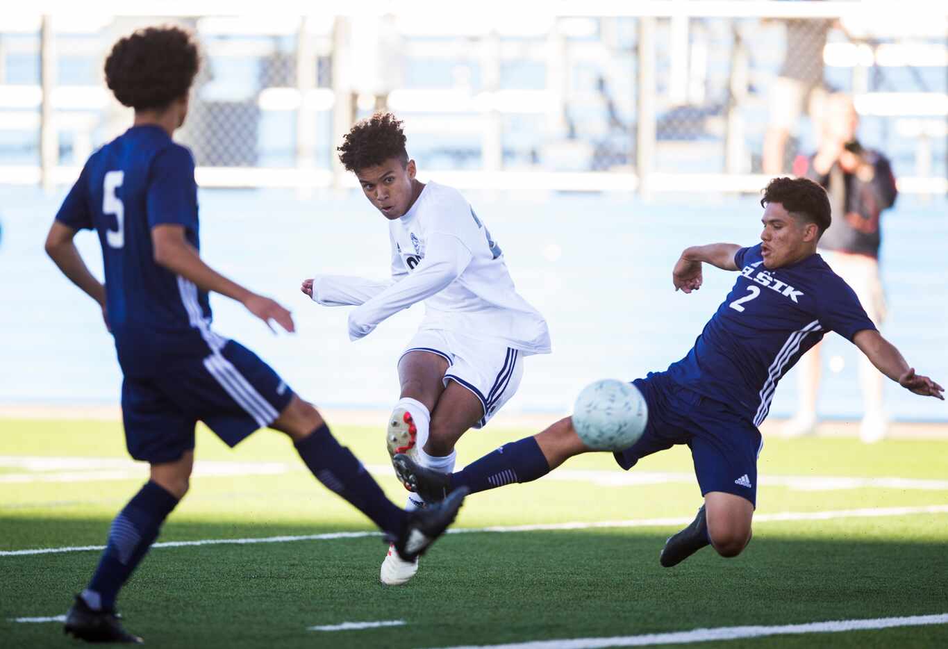 Flower Mound forward Joe Perryman (29) makes a kick that resulted in a goal past Alief Elsik...