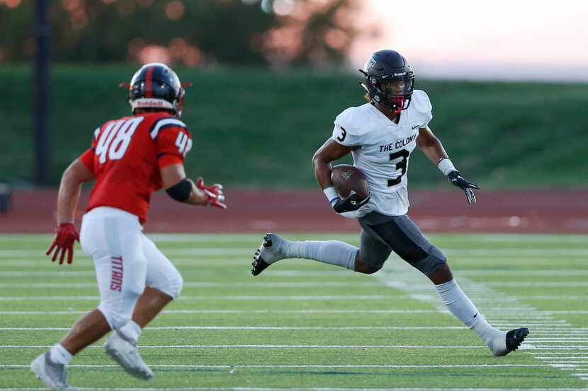 The Colony's Christian Gonzalez (3) runs up the field as Centennial's J.D. Stephens (48)...