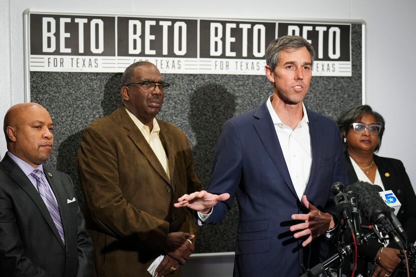 Democratic candidate for governor Beto O'Rourke is flanked by (from left) State Rep. Carl...