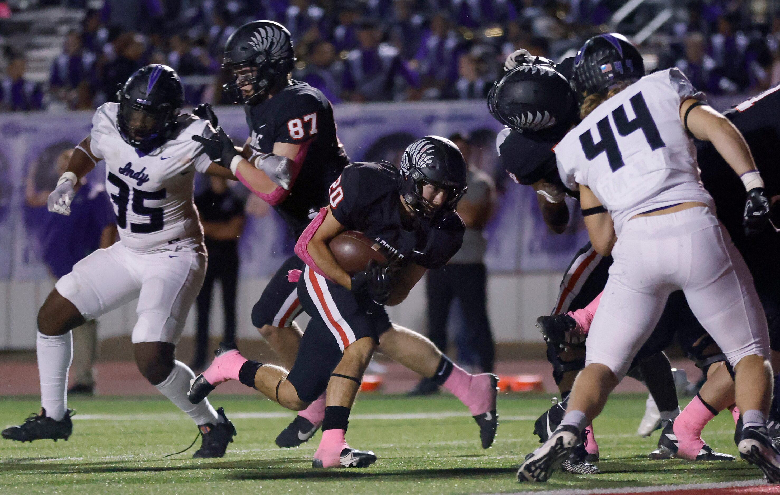 Argyle running back Landon Farris (20) runs in a fourth quarter touchdown against the Frisco...