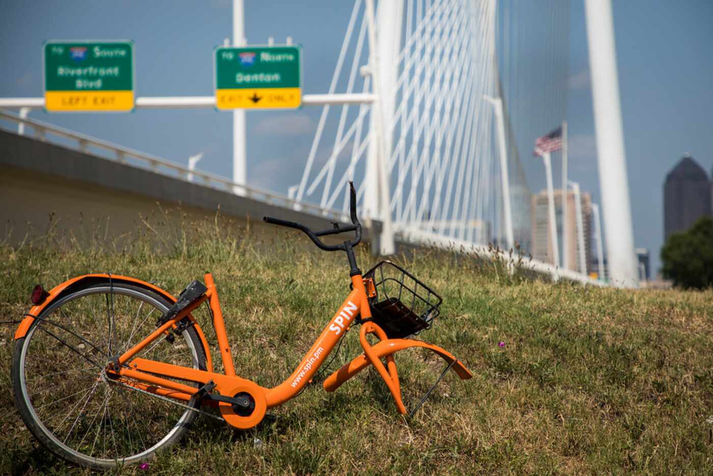 A broken Spin rental bike rests in the grass near the Margaret Hunt Hill Bridge along the...