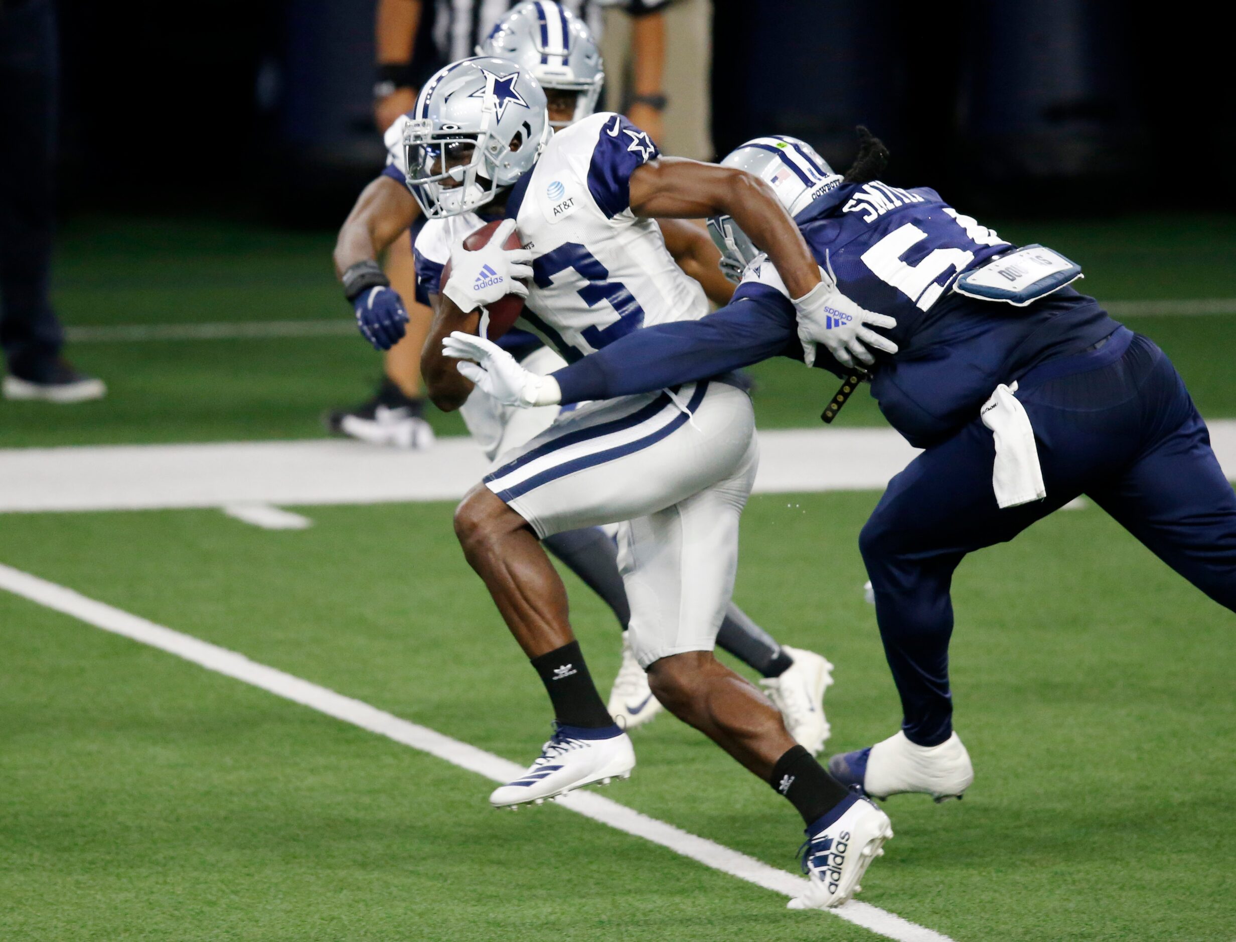 Dallas Cowboys wide receiver Michael Gallup (13) is tackled by Dallas Cowboys linebacker...