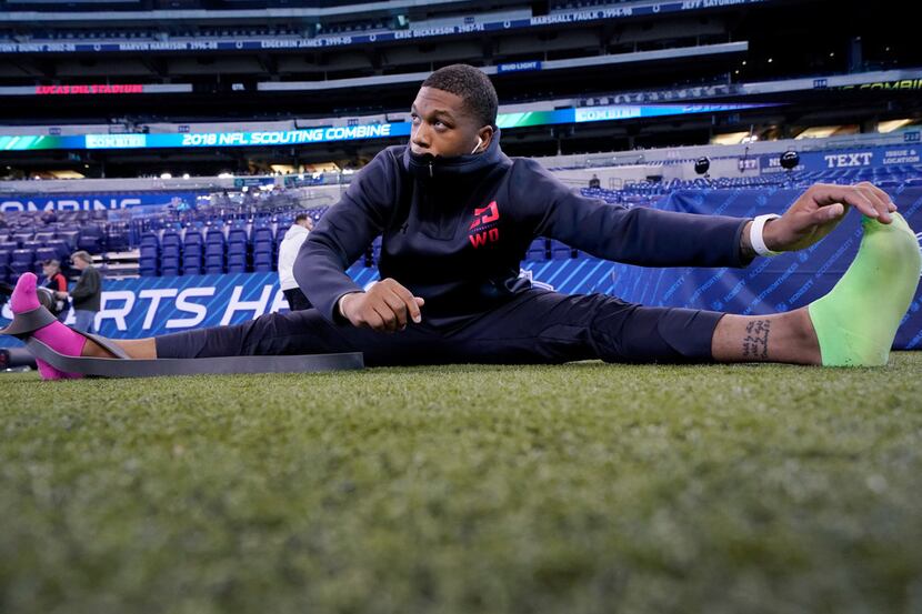 INDIANAPOLIS, IN - MARCH 03: Maryland wide receiver D.J. Moore stretches during the NFL...