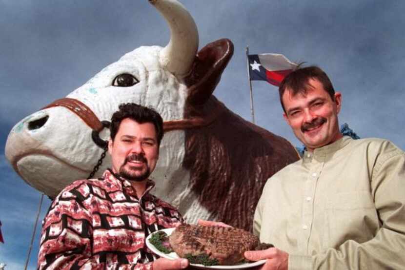 
Brothers Danny and Bobby Lee display the 72 ounce steak that they challenge their customers...
