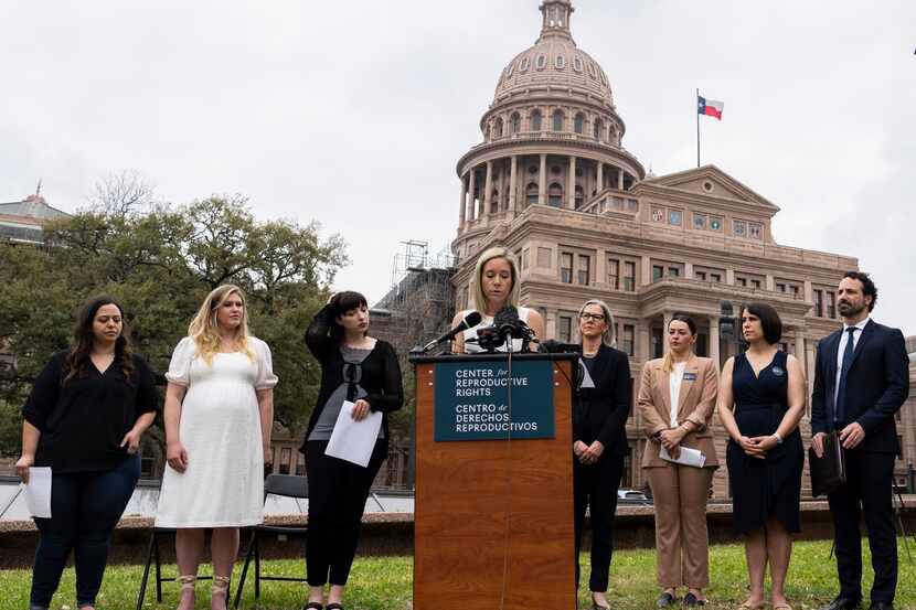 Amanda Zurawski, one of 15 plaintiffs in Zurawski v. State of Texas, speaks in front of the...