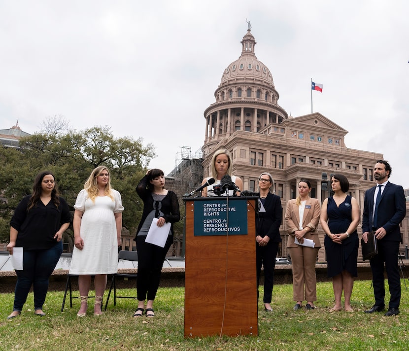 Amanda Zurawski, one of five plaintiffs in Zurawski v State of Texas, speaks in front of the...