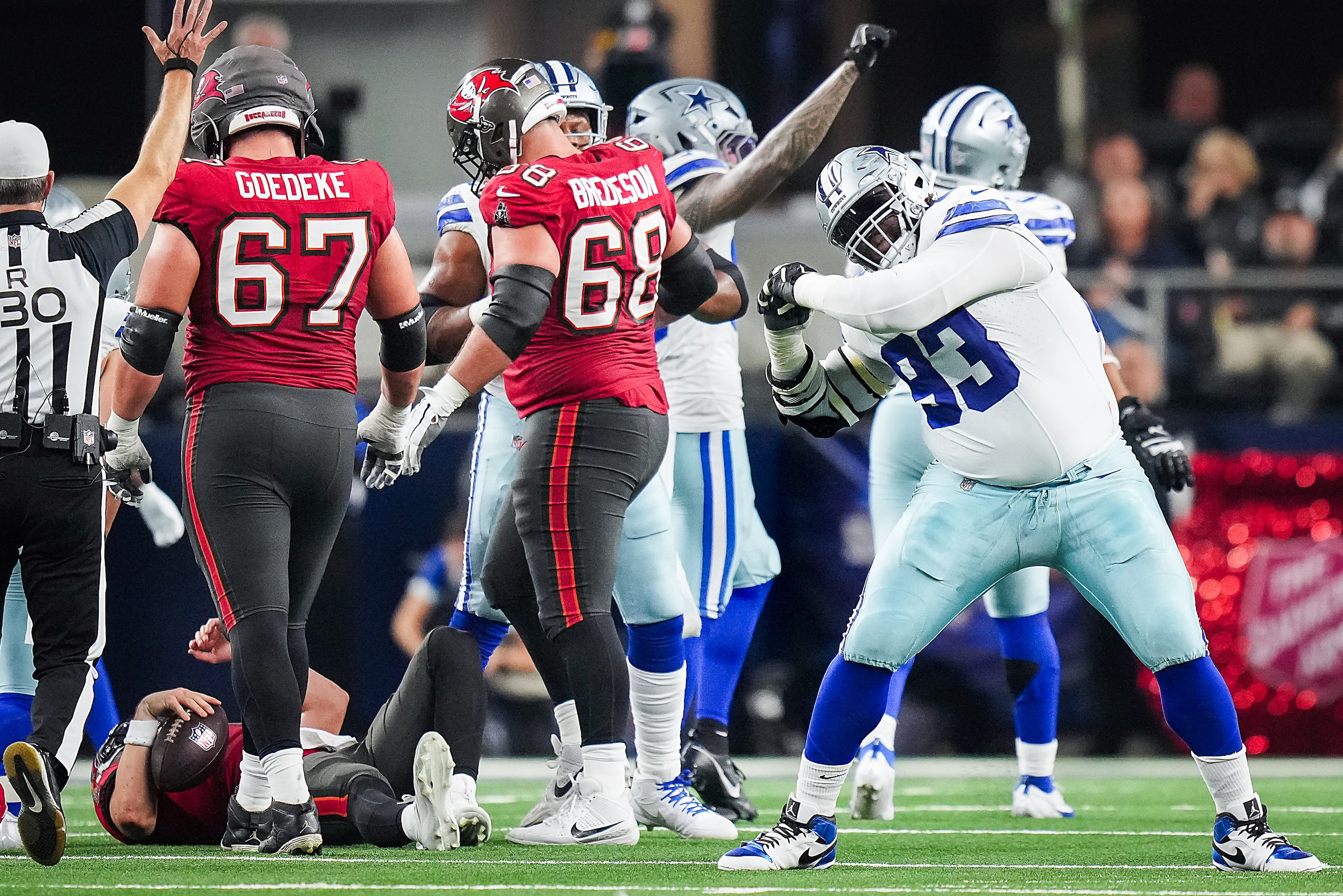 Dallas Cowboys defensive tackle Linval Joseph (93) celebrates after dropping Tampa Bay...