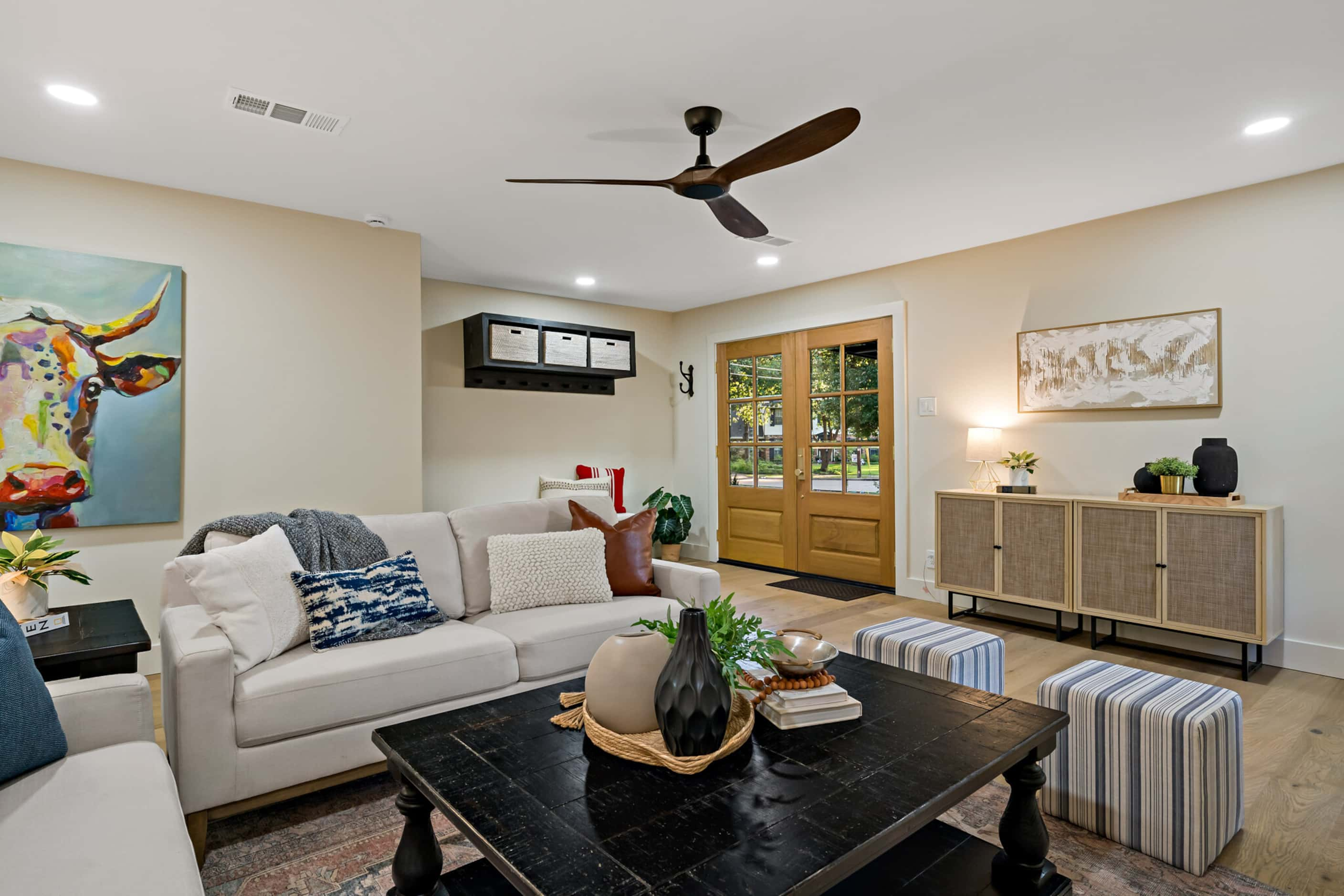 Living room with two couches arranged around a coffee table