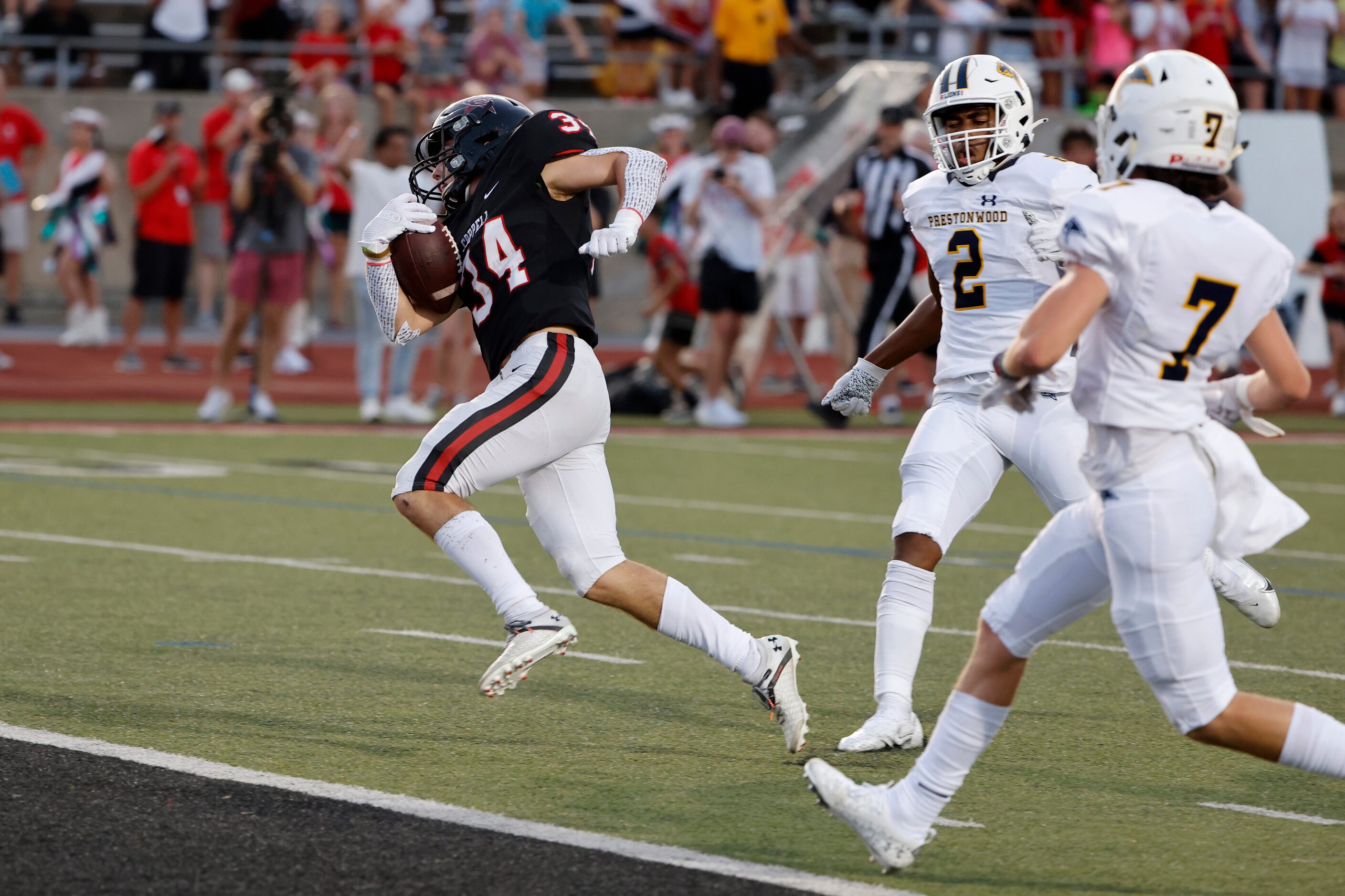 Coppell running back Blake Robbins (34) scores a touchdown in front of Prestonwood Christian...