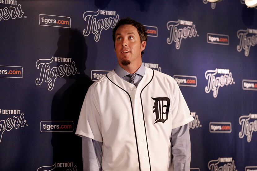 Detroit Tigers pitcher Joe Nathan is introduced at a news conference in Detroit Wednesday,...