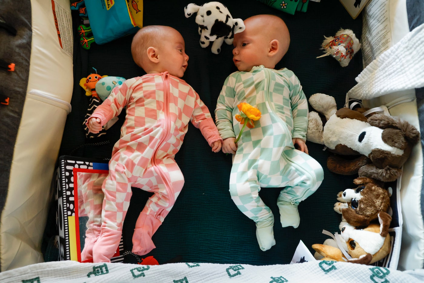 Clay Lewis Jenkins’ twins Grace (left) and Ace lay in a crib at home, Wednesday, Aug. 7,...