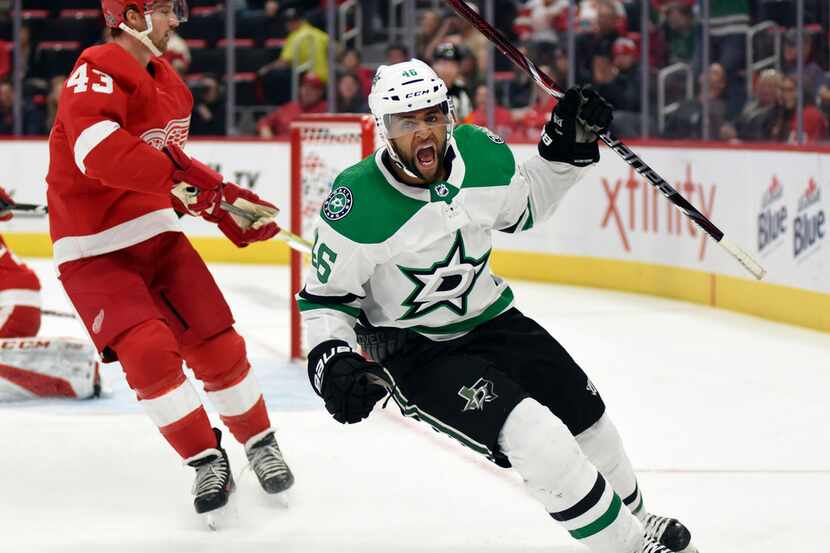 Dallas Stars center Gemel Smith (46) reacts after scoring a goal against the Detroit Red...
