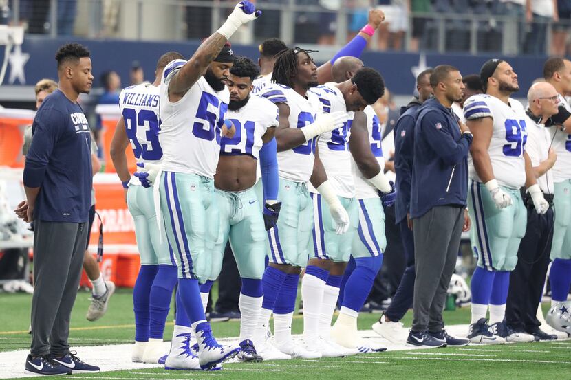 Dallas Cowboys defensive end Damontre Moore (58) gestures after the national anthem during...