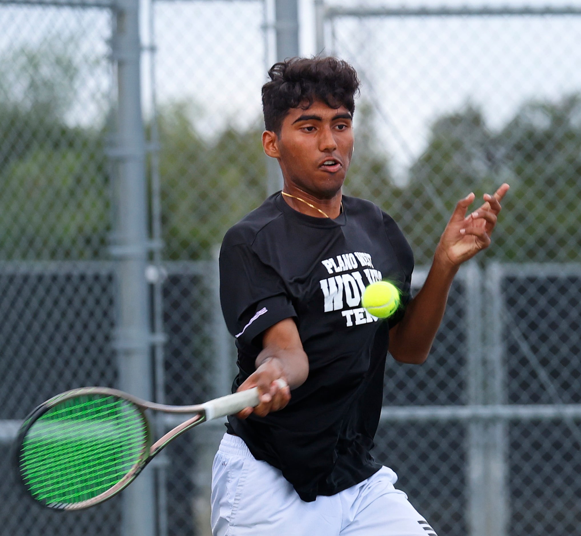 In 6A mixed doubles Plano West Anirudh Reddy makes a return against Egor Morozov/Kat Lowy,...