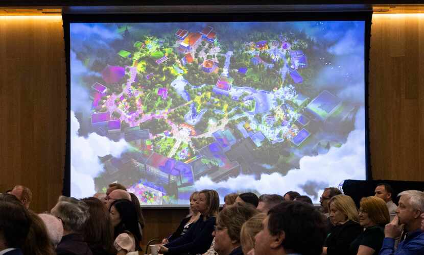 A rendering of the planned Universal Kids Resort is displayed at a press conference in...