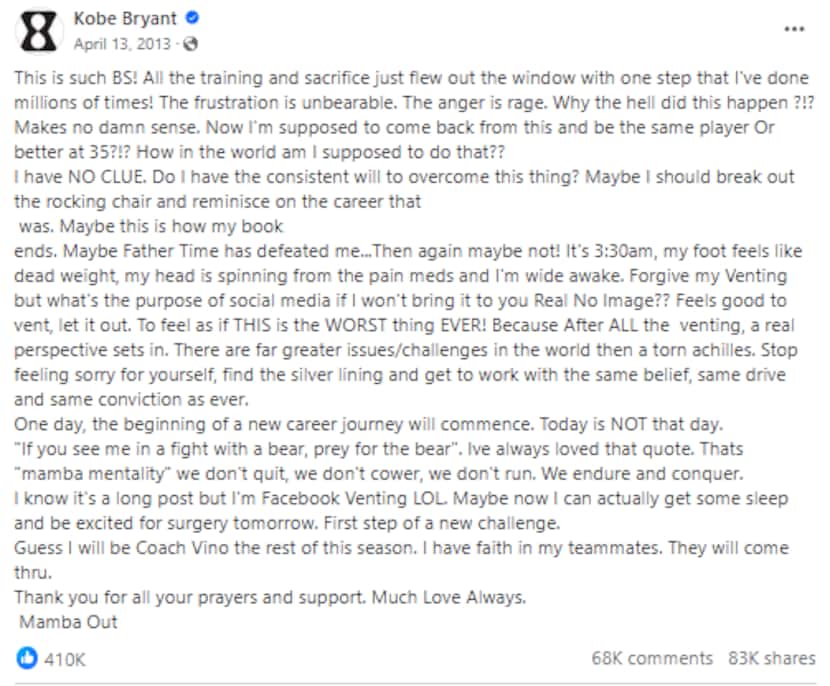 Kobe Bryant's Facebook post after the late Los Angeles Lakers star sufferered a...