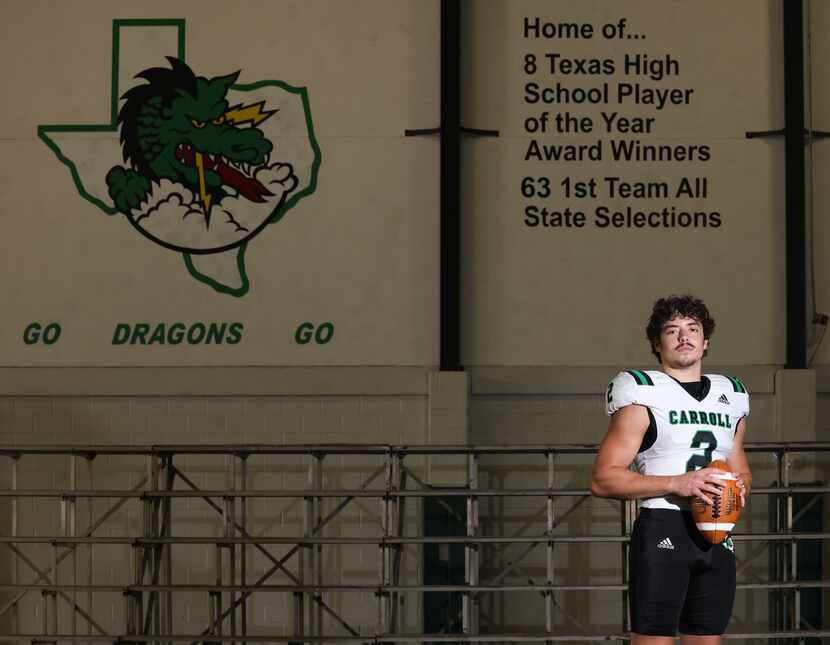 Southlake Carroll rising senior Owen Allen stands in the Dragons’ indoor practice facility...