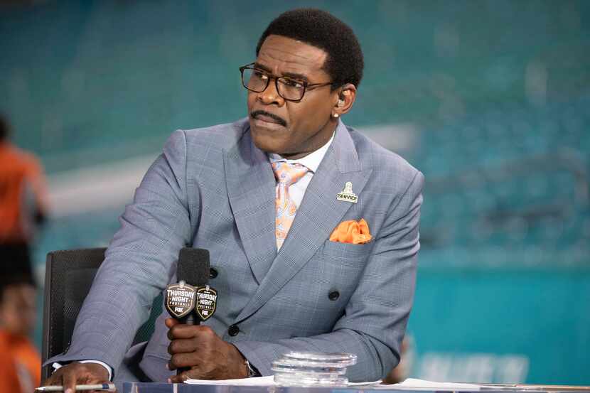 FILE - NFL Network analyst Michael Irvin speaks on air during the NFL Network's NFL GameDay...