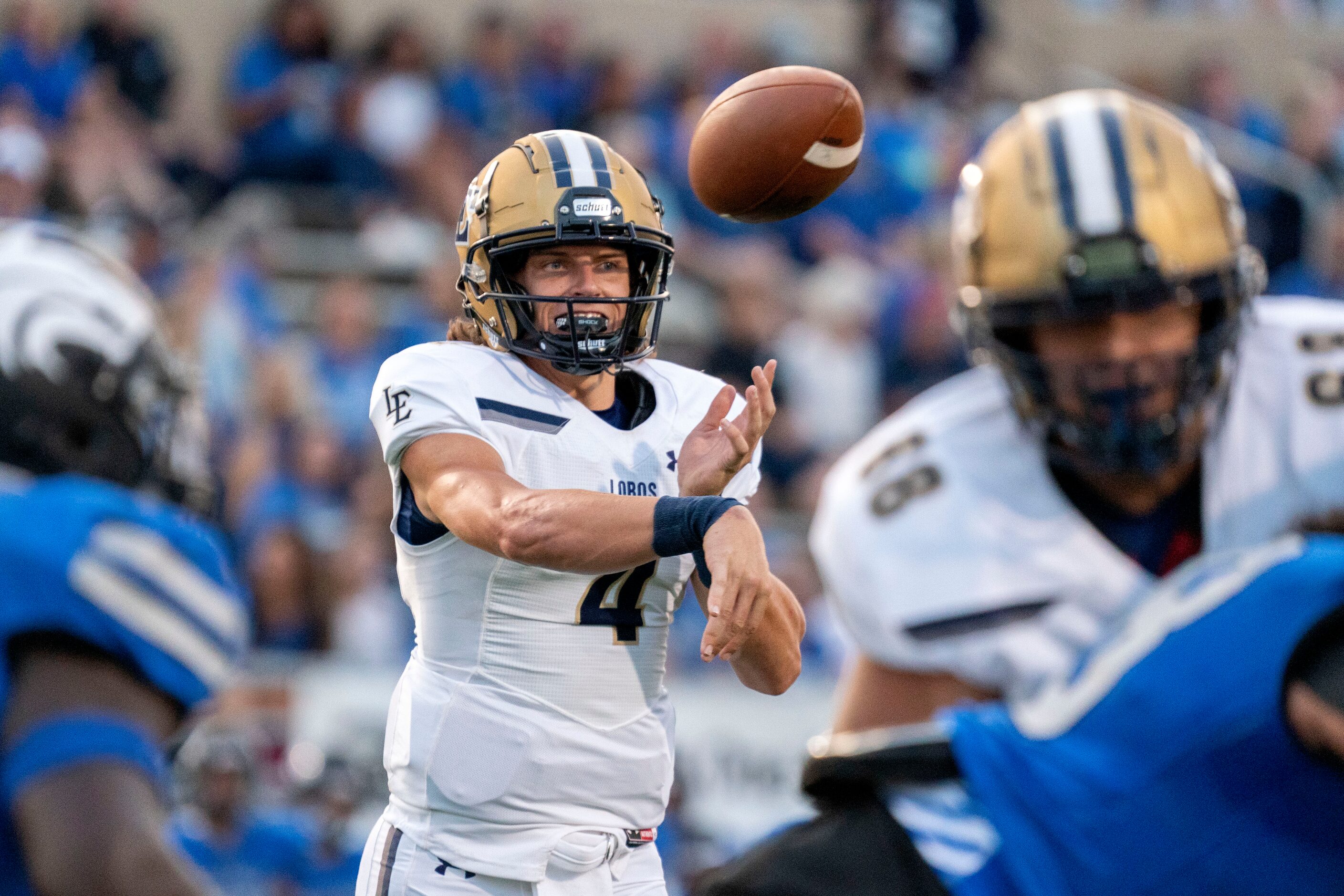 Little Elm senior quarterback John Mateer (4) throws on a two point conversion attempt...