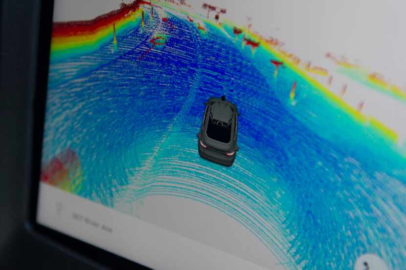 A detail of a driverless Uber car's monitor showing 3-D mapping of what the vehicle's...