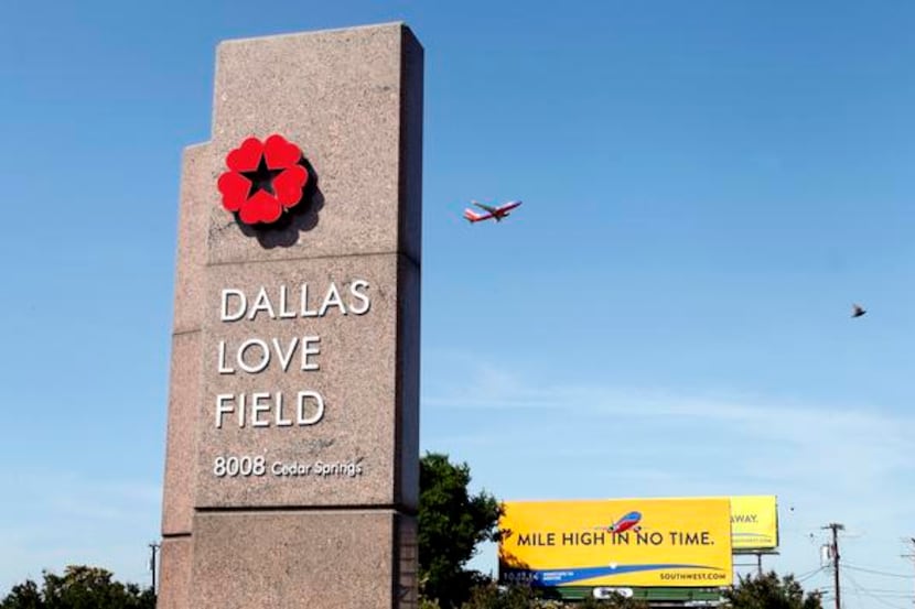 
A Southwest Airlines plane takes off from Dallas Love Field, where the carrier’s billboards...