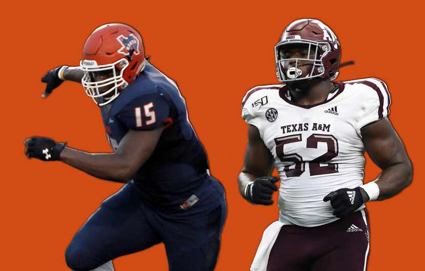 Justin Madubuike with McKinney North in 2015 (left) and Texas A&M in 2019 (right).(Staff |...