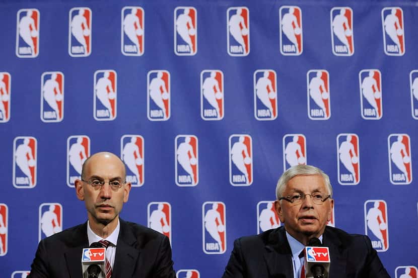 NBA commissioner David Stern (right) and NBA deputy commissioner Adam Silver speak at a news...