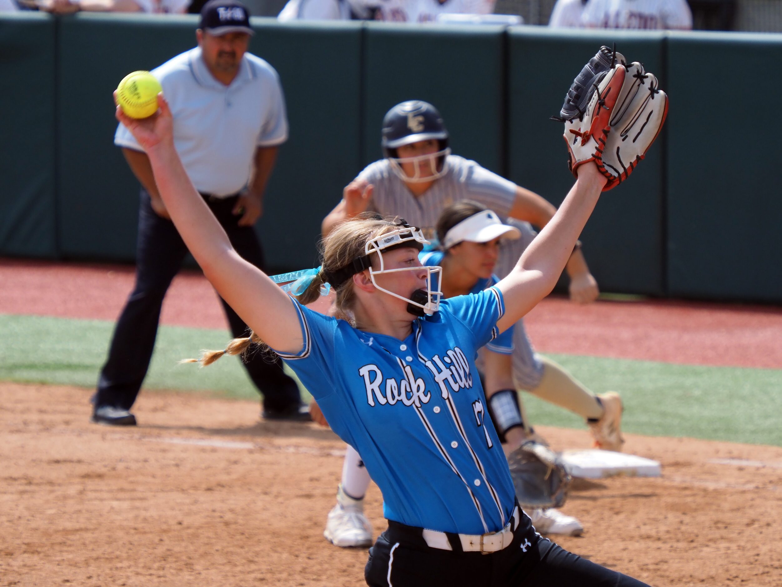 Prosper Rock Hill pitcher Grace Berlage pitches against Montgomery Lake Creek in the Class...