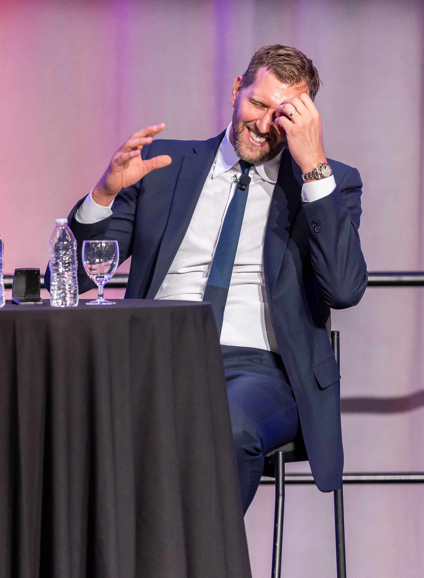 Former Dallas Mavericks player Dirk Nowitzki reacts during a Q&A session of an SMU Athletic...