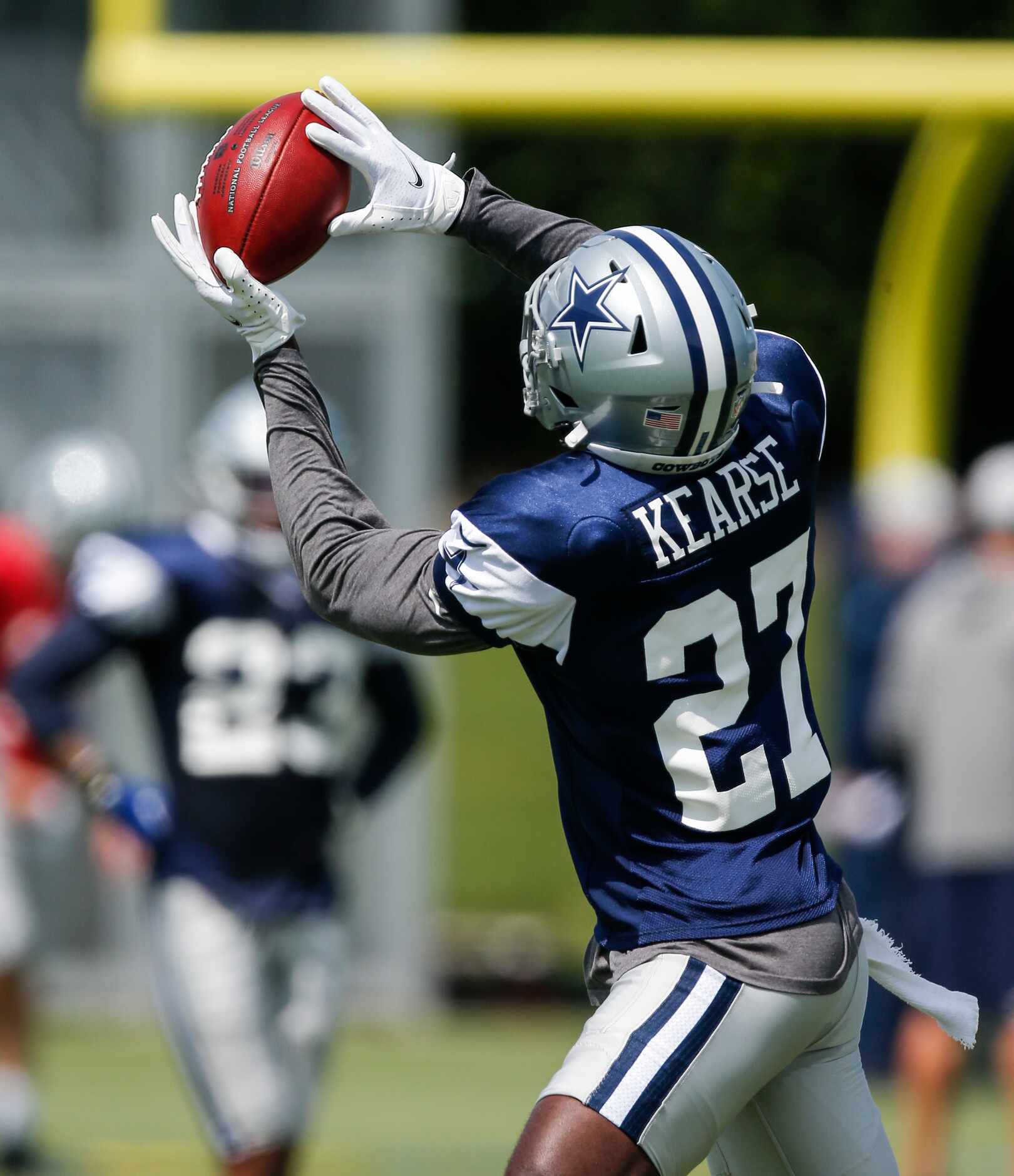Dallas Cowboys safety Jayron Kearse (27) catches a pass during practice at The Star in...