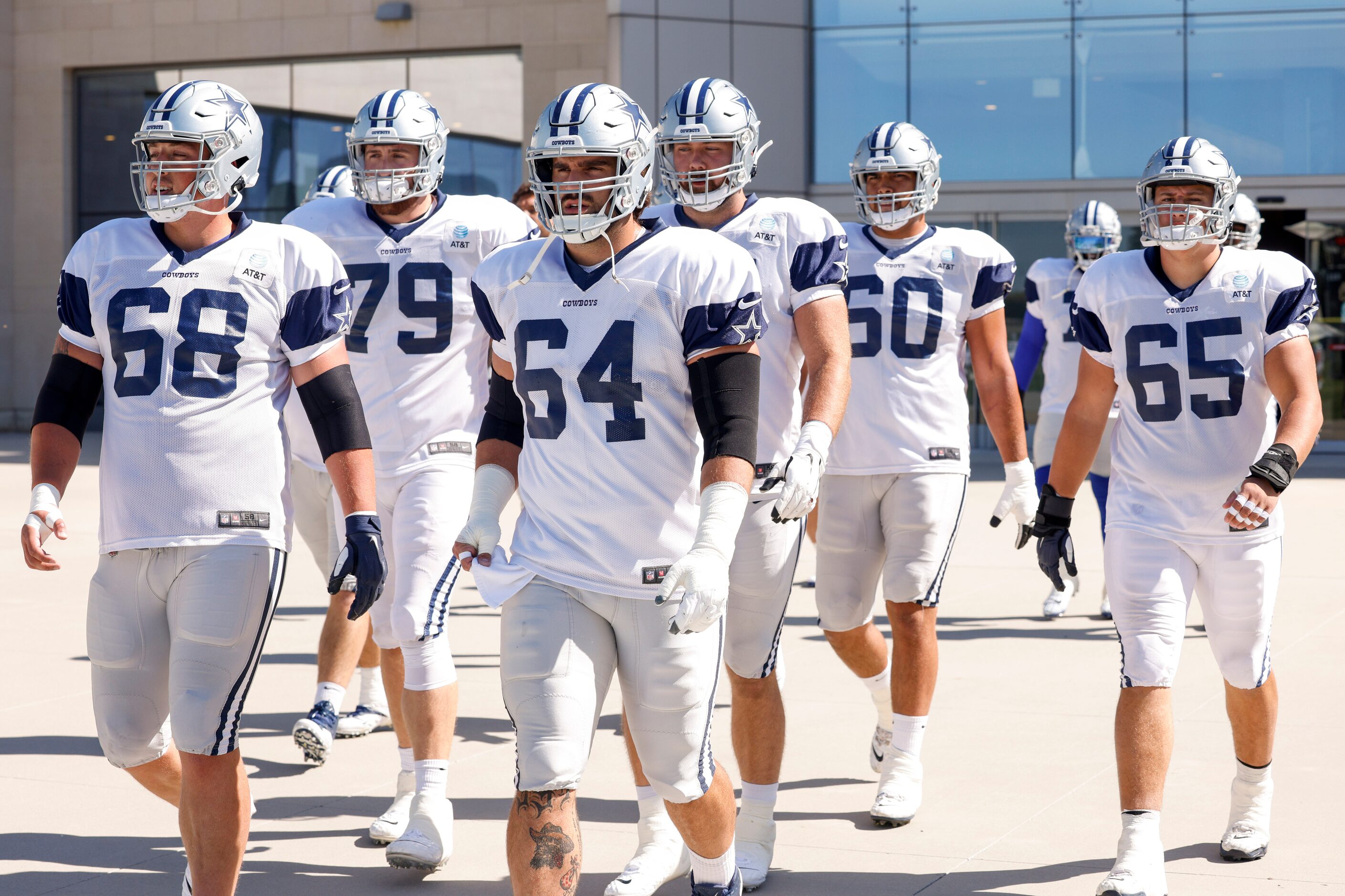 Dallas Cowboys guard Matt Farniok (68), offensive tackle Matt Waletzko (79), offensive...