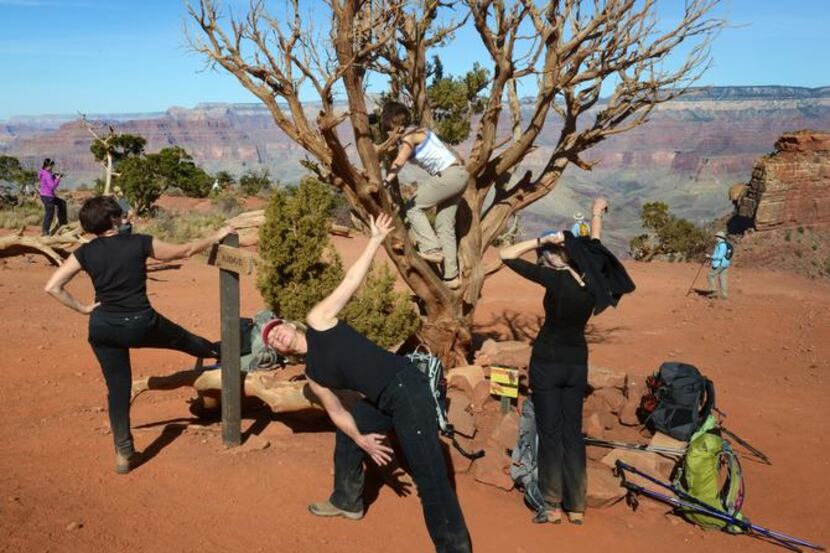 
The group stopped to stretch and do yoga poses on the hike down South Kaibab Trail.
