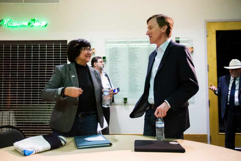 Gubernatorial candidates Lupe Valdez and Andrew White greet each other before a Democratic...