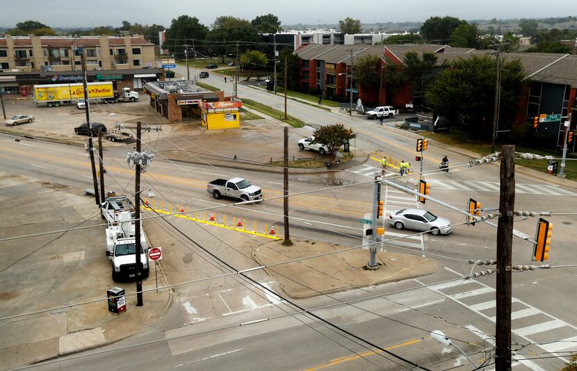 An overhead view of the Five Points street intersection in the Vickery Meadow area of Dallas...