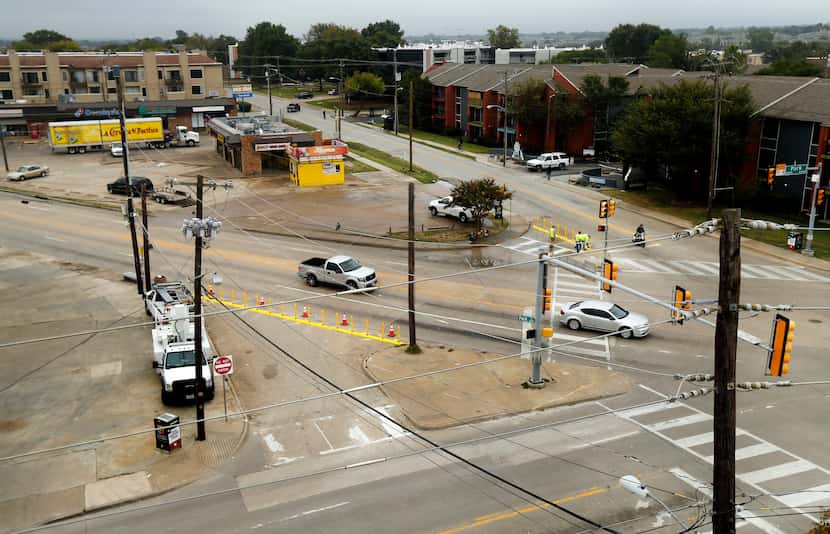 An overhead view of the Five Points street intersection in the Vickery Meadow area of Dallas...