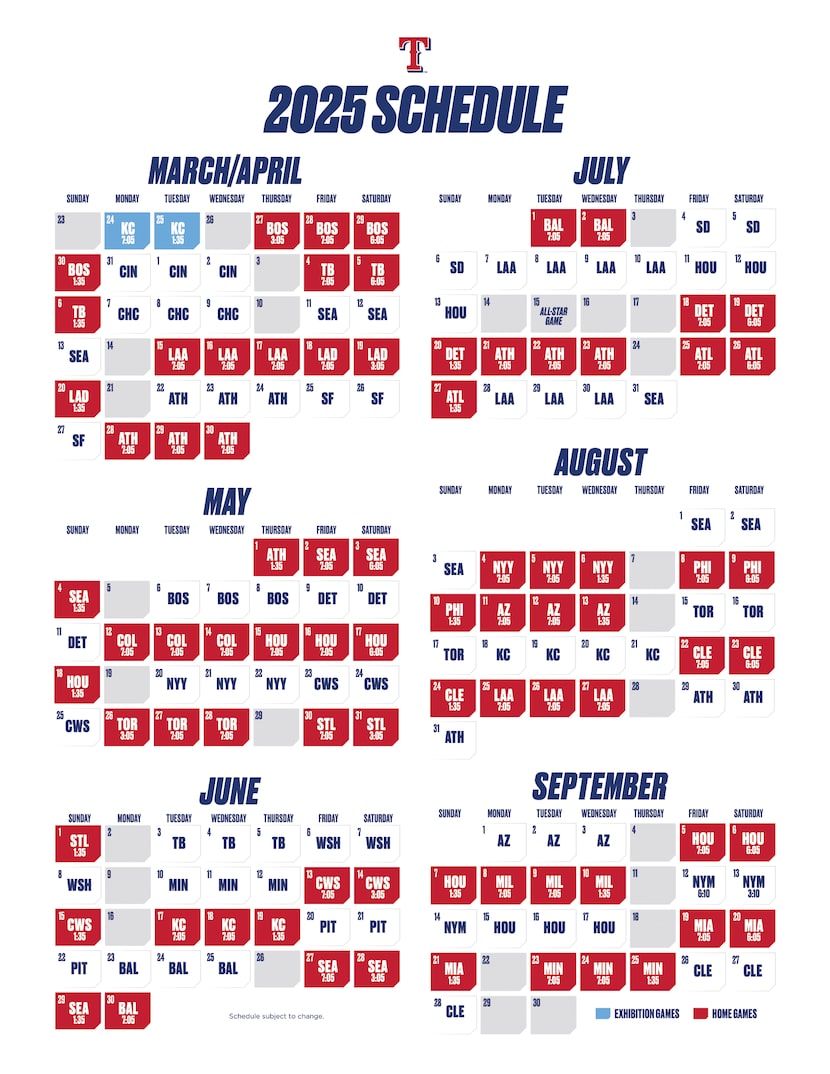 Texas Rangers 2025 schedule with game times for home games.