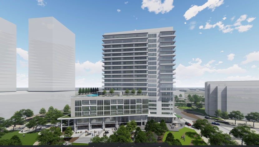 The mixed-use development includes a 19-story apartment tower.