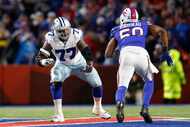 Dallas Cowboys offensive tackle Tyron Smith (77) drops back to block Buffalo Bills defensive...