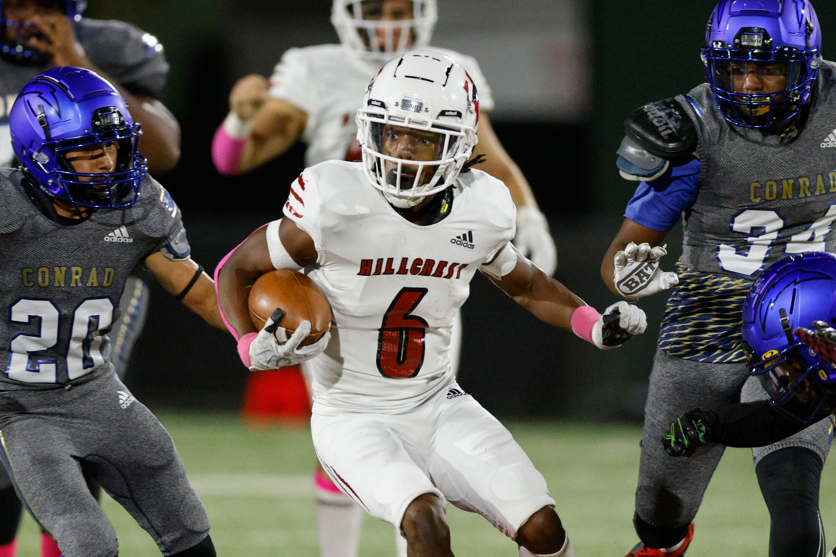 Hillcrest wide receiver Jaden Hodge (6) splits Conrad linebackers Jayson Nunez (20) Mohamed...